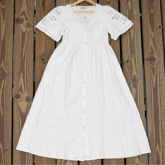 Madewell NWT Riley White 100% Linen Eyelet Button Front Midi Dress - Picture 2 of 6
